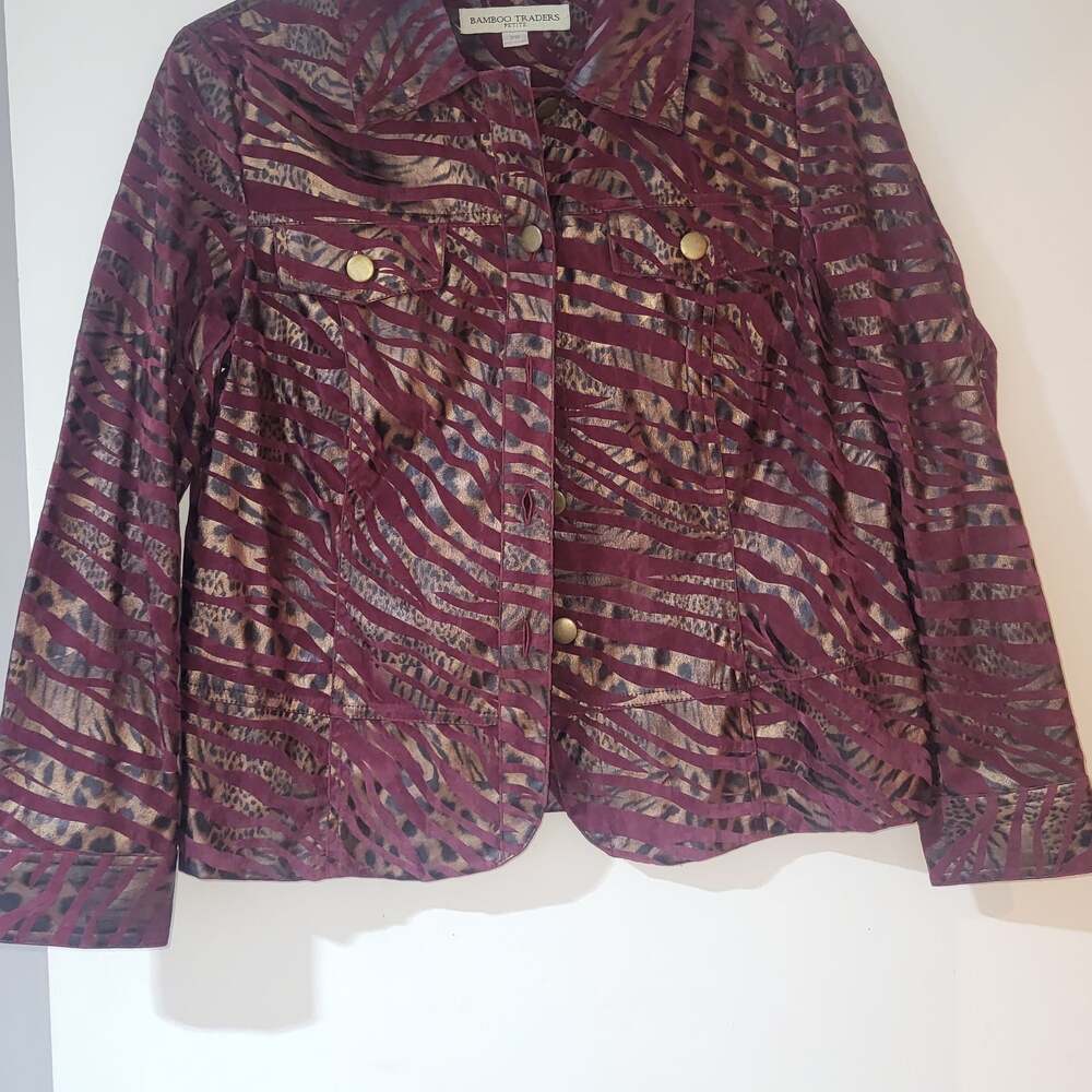 Bamboo Traders Petite Metallic Bronze & Burgundy Zebra Print Trucker Jacket